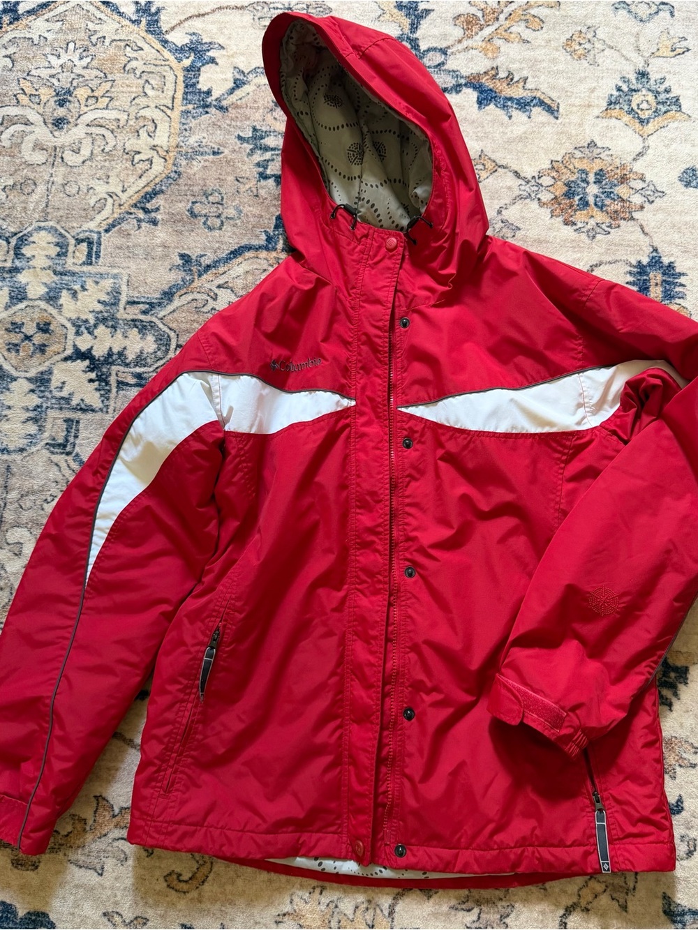 Columbia Red Hooded Ski Jacket with White Panels